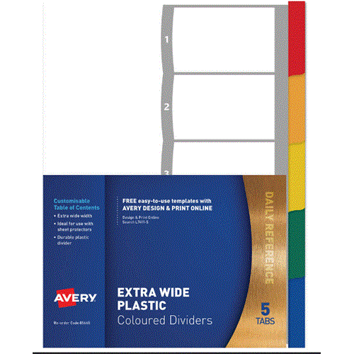 Avery L74115 Dividers Plastic Extra Wide 5 Tab A4 Assorted
