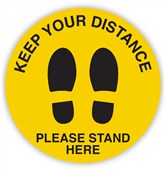 Sign Keep Your Distance 15m Please Stand Here in  Circular Shoe Prints