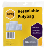 Marbig Resealable Polybags 130Mmx200Mm Pack 50